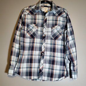Fossil Western Pearl Snap Blue Plaid Button Up Men's Shirt Size M